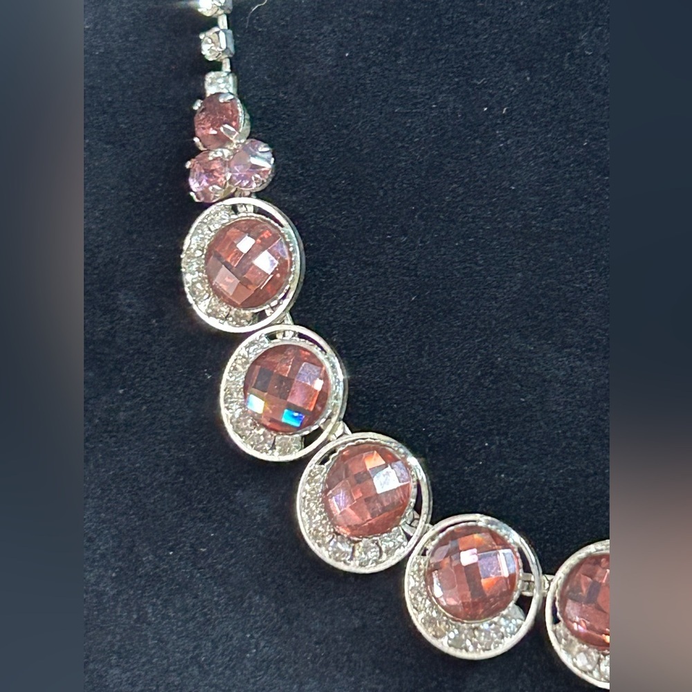 Vintage Christine Collection Pink White Rhinestone Silver Toned Fashion Necklace - Picture 2 of 10